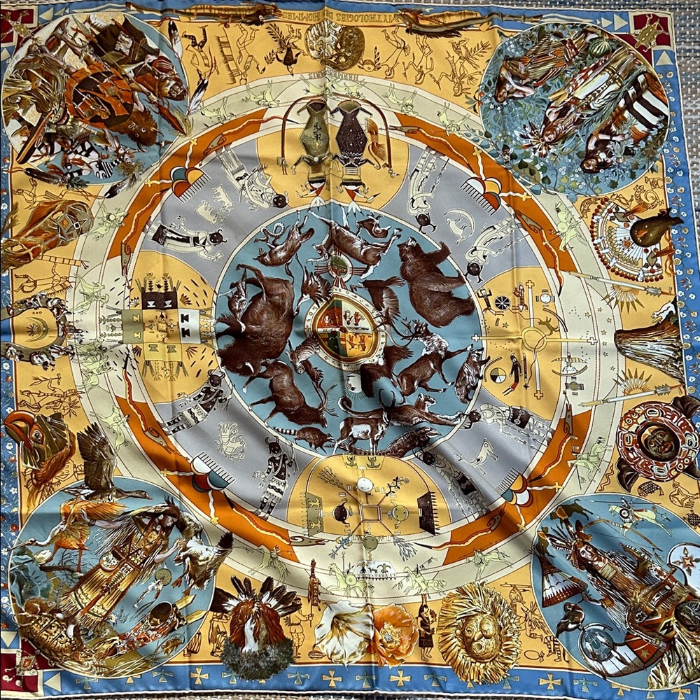 Hermes Zodiac Print Scarf - Blue, Brown, Gold